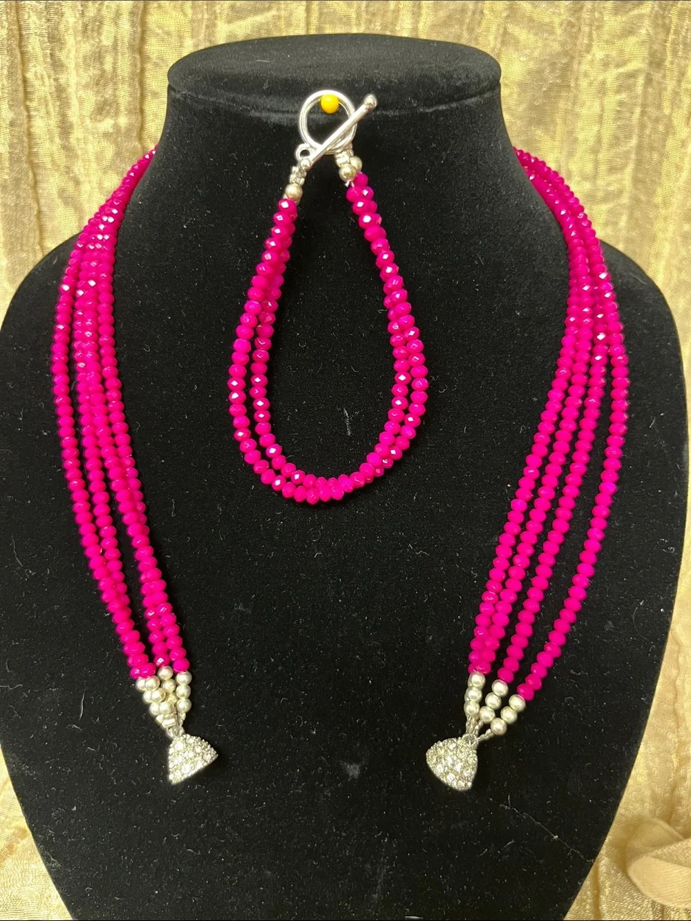 3-Strand Hot Pink Beaded Necklace with Matching Bracelet - Unbranded